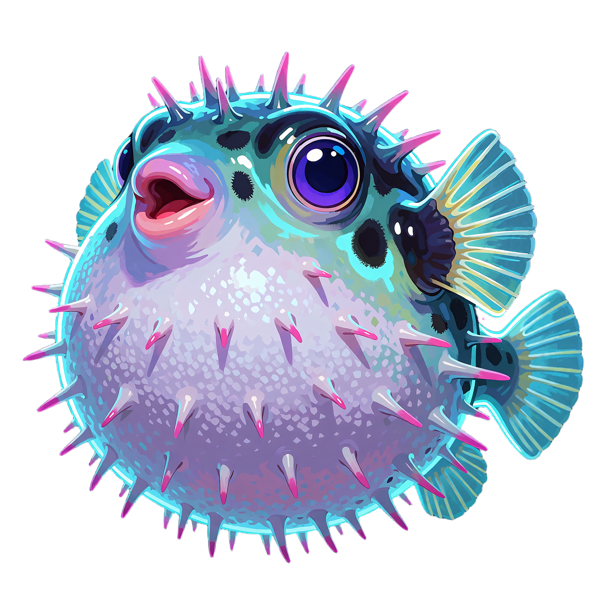 Neonowa ryba fugu, maskotka Fugu Casino, z kolcami o r&oacute;żowych końc&oacute;wkach wśr&oacute;d bąbelk&oacute;w