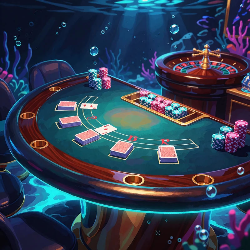 Elegancki st&oacute;ł do blackjacka live z żetonami i kołem ruletki w tle - kasyno live online od Evolution