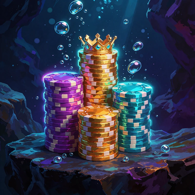 Trzy stosy fioletowych, złotych i błękitnych żeton&oacute;w z małą złotą koroną - kategoria High-Roller